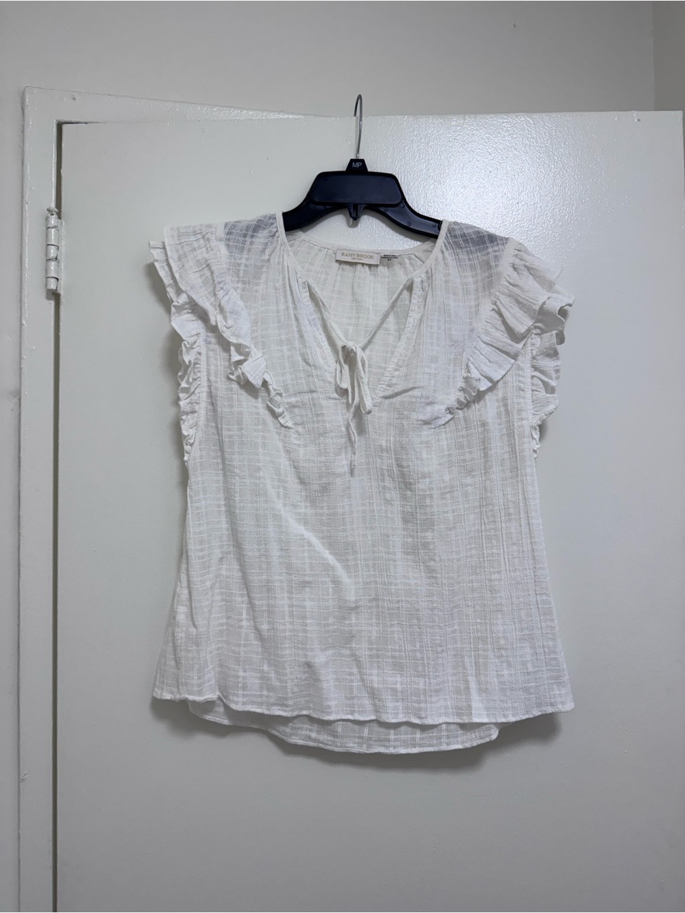 Ramy Brook White Ruffle Sleeve Tie-Neck Cotton Top Short Sleeve M